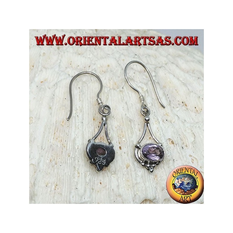 Silver earrings with oval Amethyst with hanging silver threads