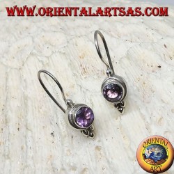 Silver earrings with round Amethyst with trio of silver balls