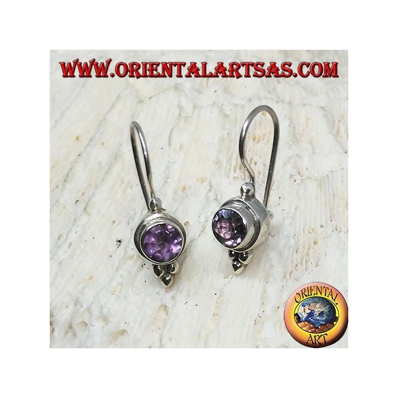 Silver earrings with round Amethyst with trio of silver balls