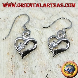 Silver earrings in the shape of a heart with Zircon on a lobe