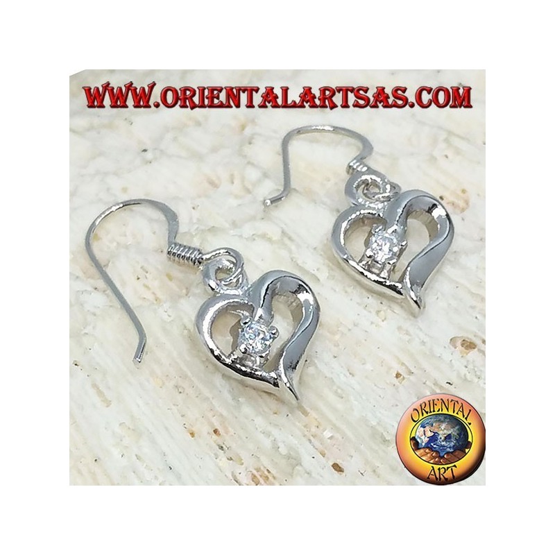 Silver earrings in the shape of a heart with Zircon on a lobe