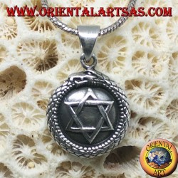Silver pendant, talisman Uroboro Ouroboros with pentacle on plate