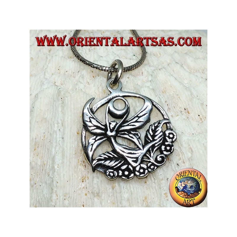Silver pendant, flying fairy on the flower in the circle