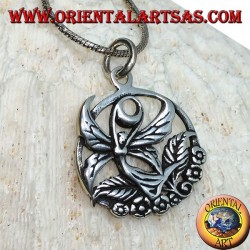Silver pendant, flying fairy on the flower in the circle