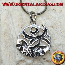 Silver pendant, flying fairy on the flower in the circle