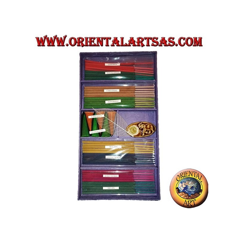 Satz von 8 natürlichen Räucherstäbchen (5 Stück) + 6 Räucherkerzen + brennende Essenzen (lila)
