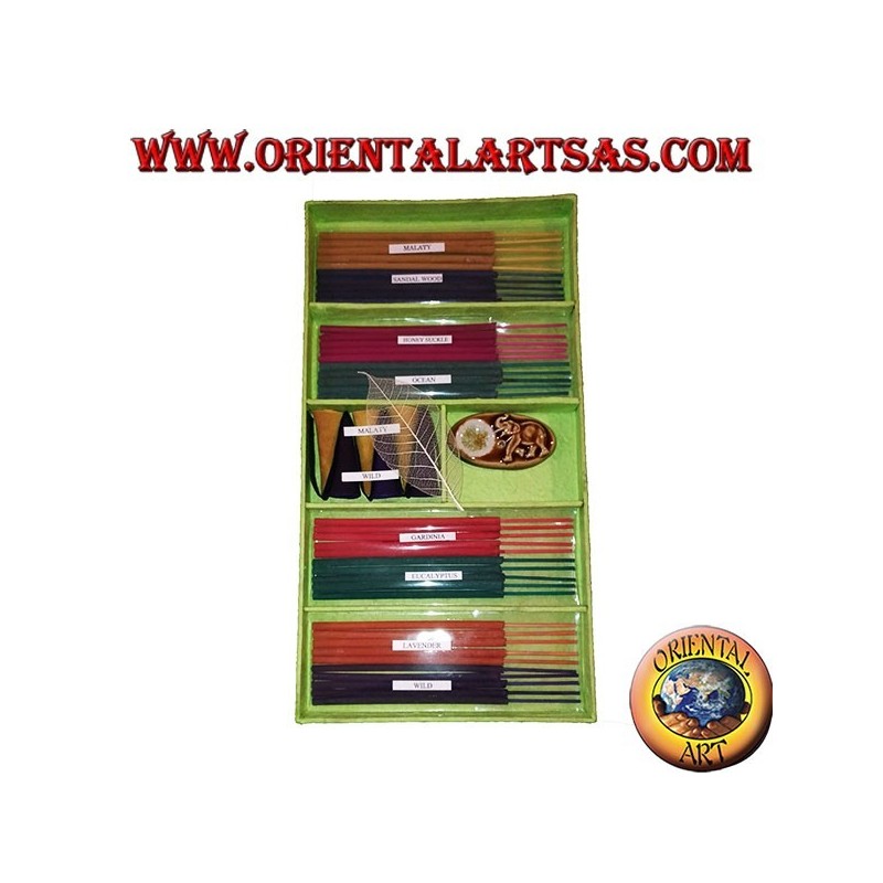 Set de 8 inciensos naturales (5 piezas) + 6 conos de incienso + esencias ardientes (verde)