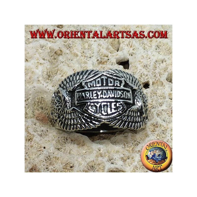 Silver ring with the Harley Davidson logo among the eagles