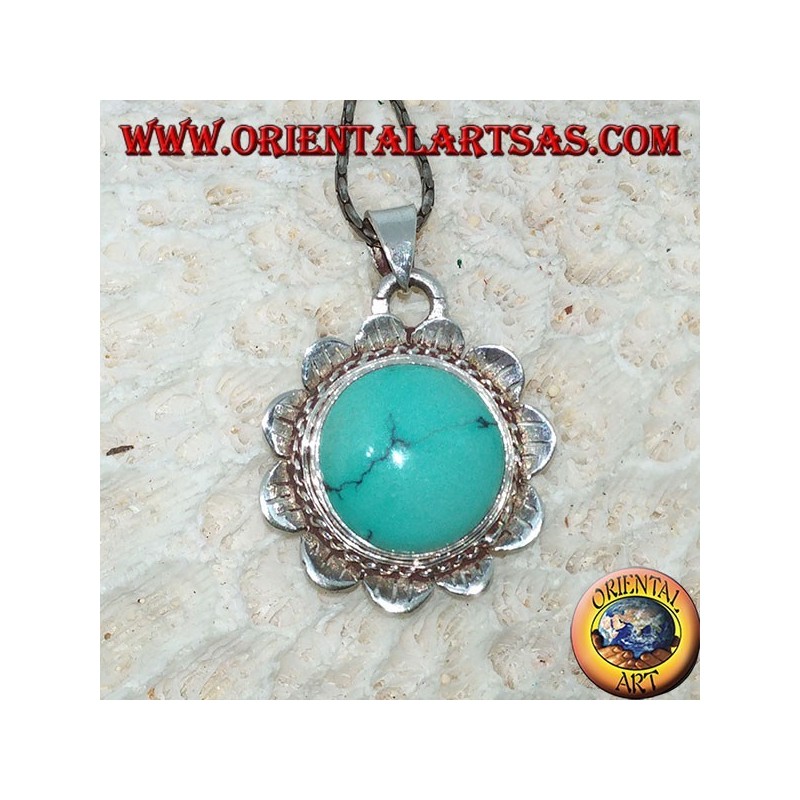 Pendentif en fleur de lotus en argent avec une centrale en Turquoise ronde tibétaine naturelle
