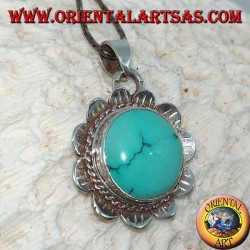 Pendant in silver lotus flower with central in natural Tibetan round Turquoise