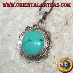 Pendant in silver lotus flower with central in natural Tibetan round Turquoise