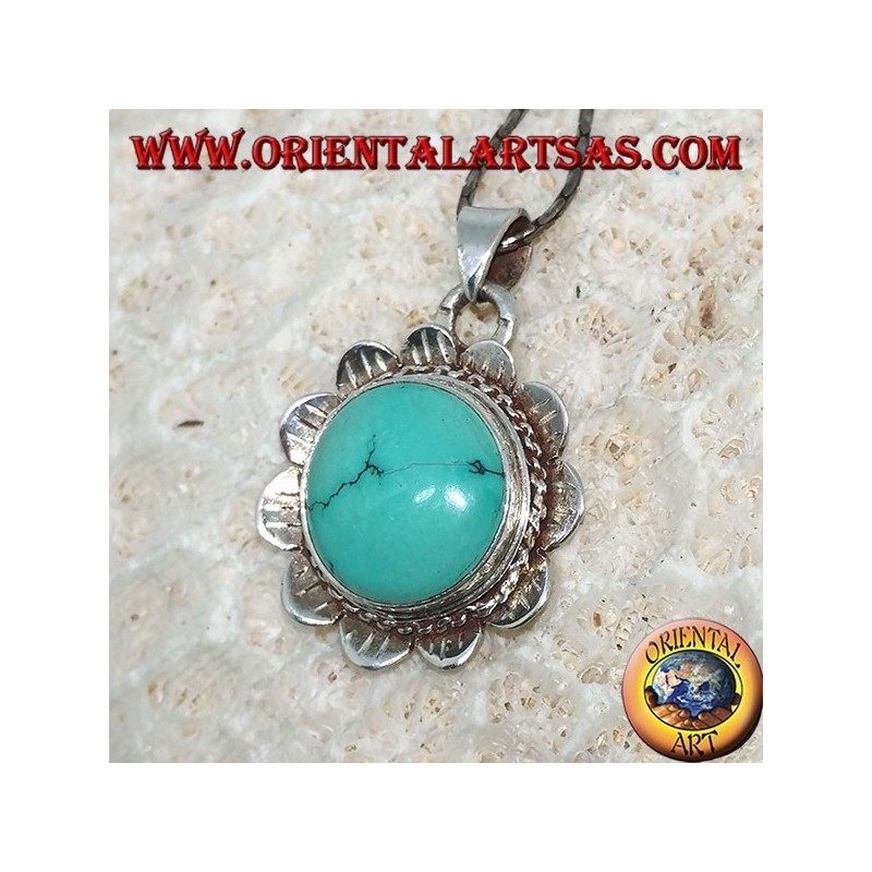 Pendant in silver lotus flower with central in natural Tibetan round Turquoise
