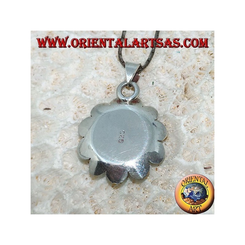Pendant in silver lotus flower with central in natural Tibetan round Turquoise
