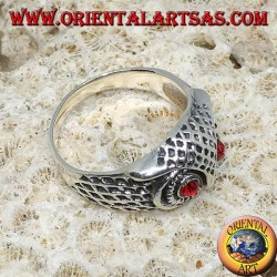 Bague en argent tête de hibou aux yeux rouges