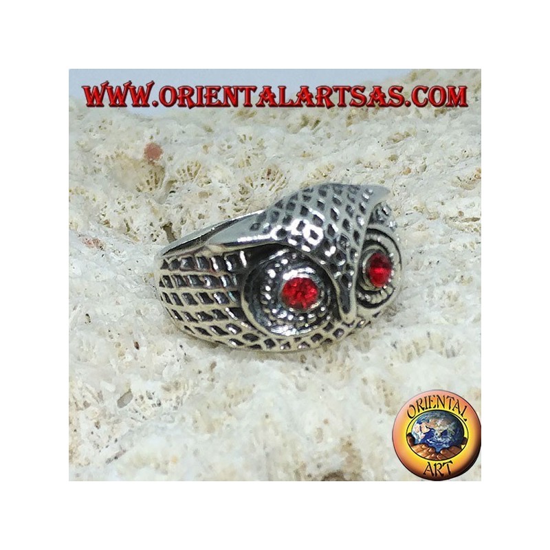 Silver ring owl head with red eyes