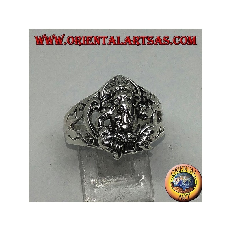 Silver ring with seated Ganesh with six side ring decorations