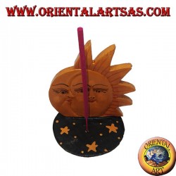 Incienso ardiente sol y luna en madera de pino pintada a mano.