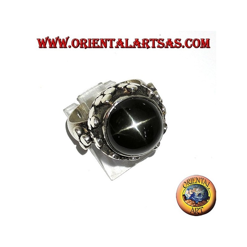 Silver ring, high imperial style with Black Star set