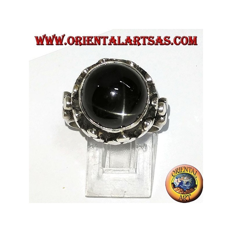 Silver ring, high imperial style with Black Star set