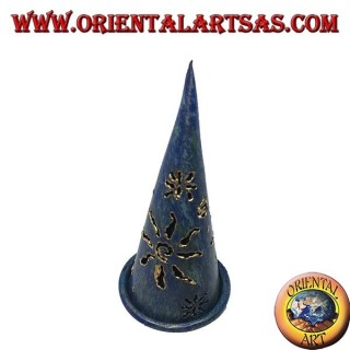 Cono de incienso quemado, candelabro de hierro forjado azul perforado, 13 cm