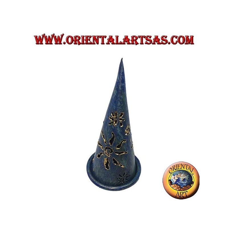 Brucia incenso cono, portacandele in ferro battuto traforato blu, 13 cm