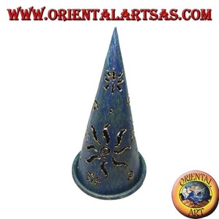 Burn incense cone, blue perforated wrought iron candle holder, 16 cm