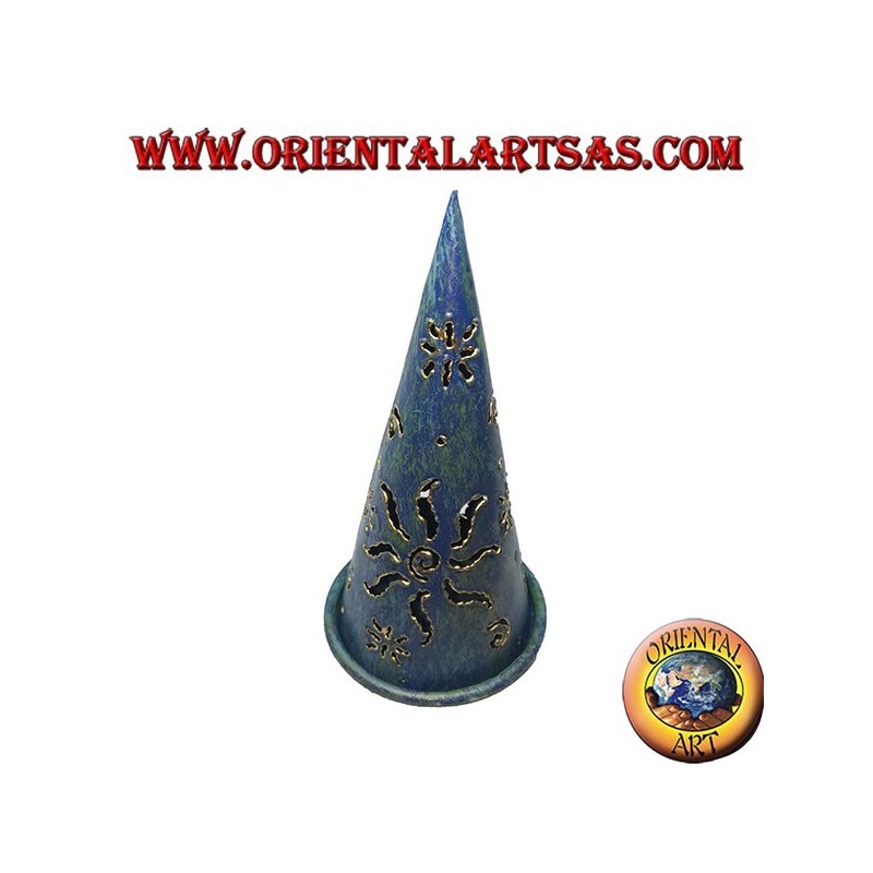 Burn incense cone, blue perforated wrought iron candle holder, 16 cm