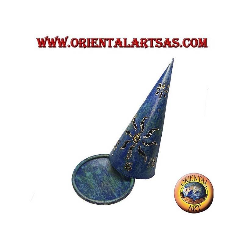 Cono de incienso quemado, candelabro de hierro forjado azul perforado, 16 cm