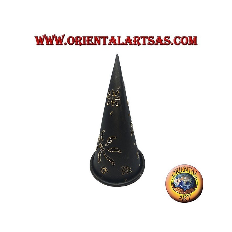 Burn incense cone, black perforated wrought iron candle holder, 16 cm