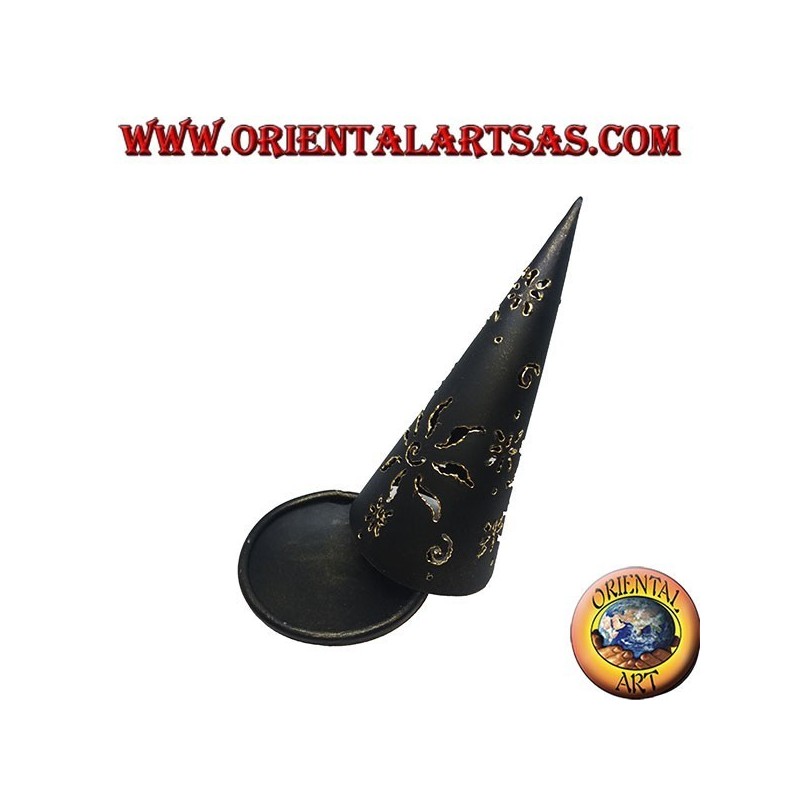Cono de incienso quemado, candelabro de hierro forjado negro perforado, 16 cm