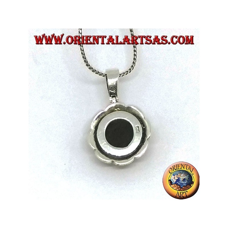 Silver pendant with faceted round onyx and marcasite on the flower border