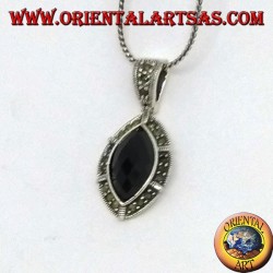 Silver pendant with faceted oval pointed onyx and marcasite on the edge