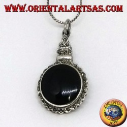 Silver pendant with round onyx and marcasite on the imperial style border