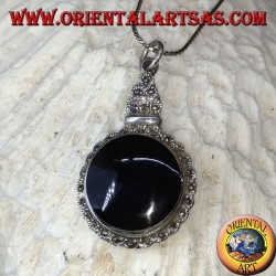 Silver pendant with round onyx and marcasite on the imperial style border