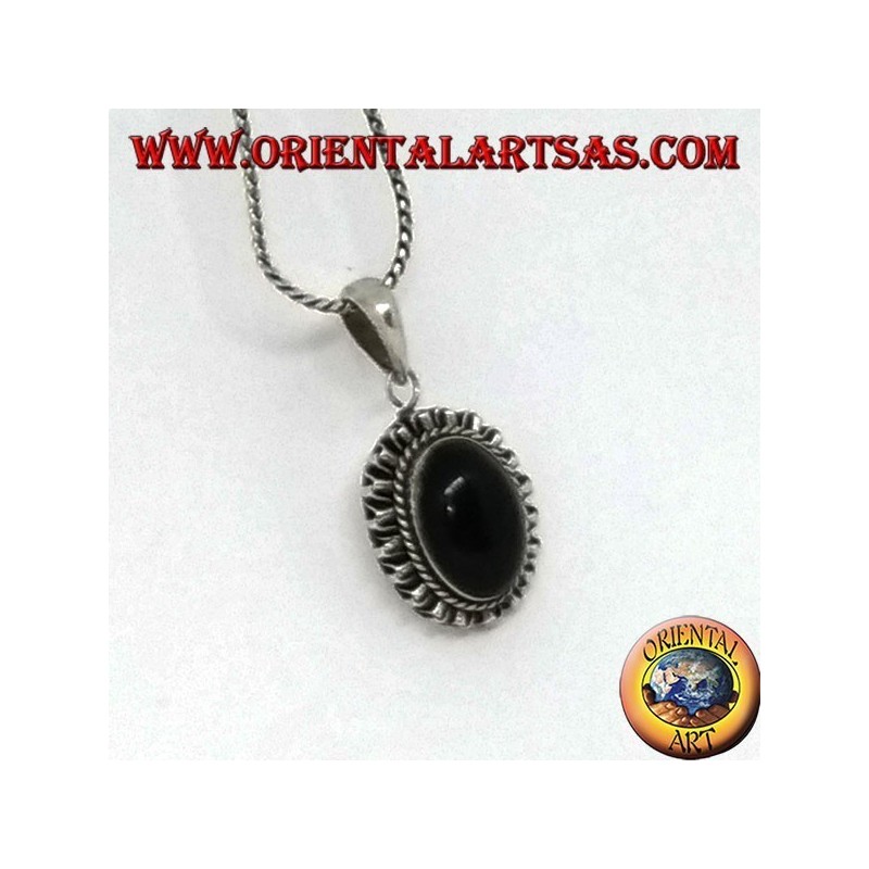 Silver pendant with oval onyx and wavy edge