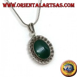 Silver pendant with oval green agate and heart marcasite on the edge
