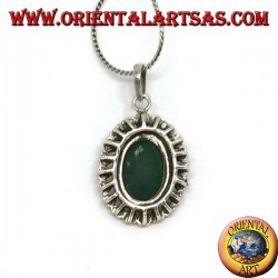 Silver pendant with oval green agate and heart marcasite on the edge