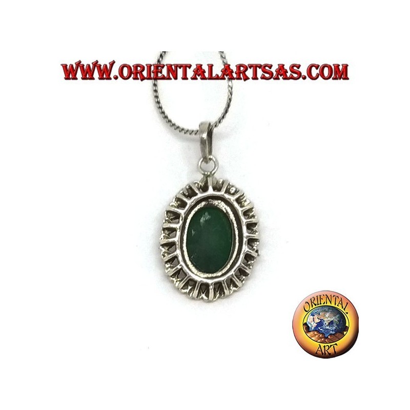 Ciondolo in argento con agata verde ovale e marcasite a cuore sul bordo