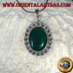 Silver pendant with oval green agate and heart marcasite on the edge