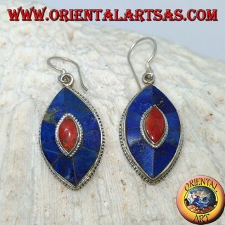 Oval silver earrings with Lapis and coral, typical Nepalese model