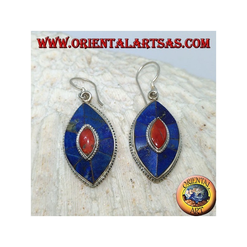 Oval silver earrings with Lapis and coral, typical Nepalese model