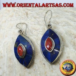 Oval silver earrings with Lapis and coral, typical Nepalese model