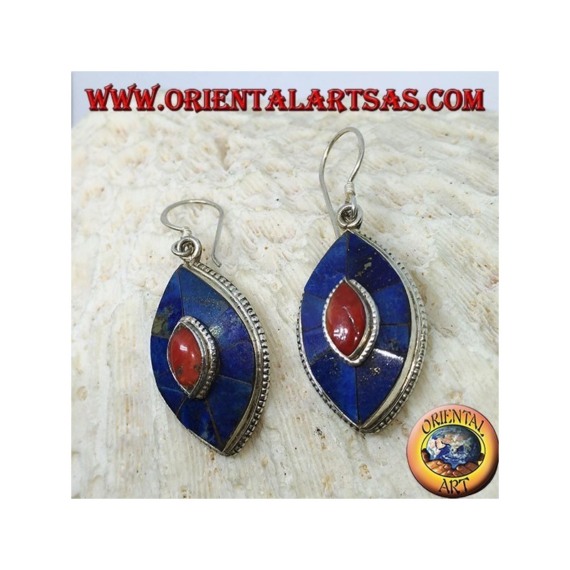 Ovale Silberohrringe mit Lapis und Koralle, typisches nepalesisches Modell