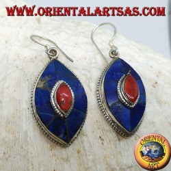 Ovale Silberohrringe mit Lapis und Koralle, typisches nepalesisches Modell