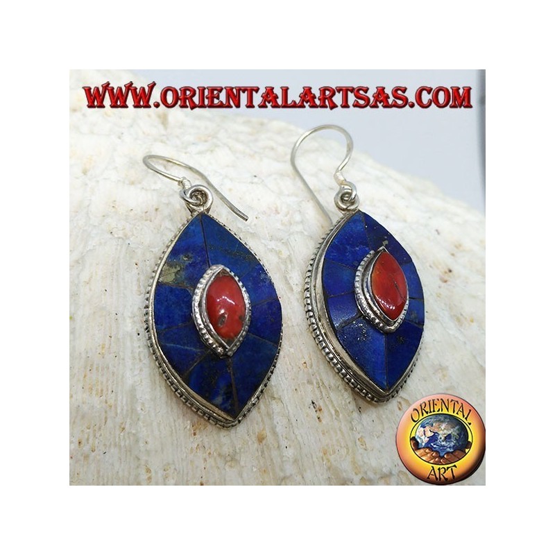 Boucles d'oreilles ovales en argent avec lapis et corail, modèle népalais typique