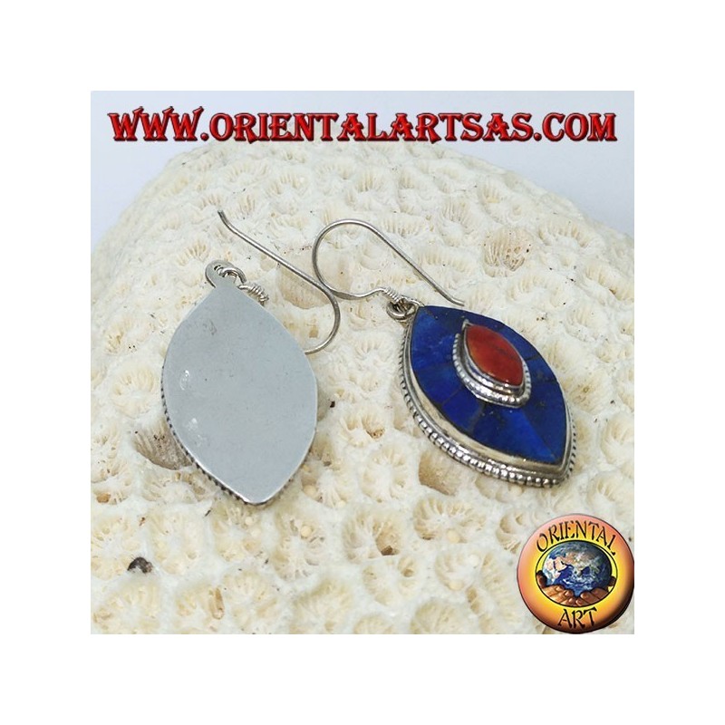 Orecchini  in argento ovali con Lapis e corallo, tipico modello Nepalese
