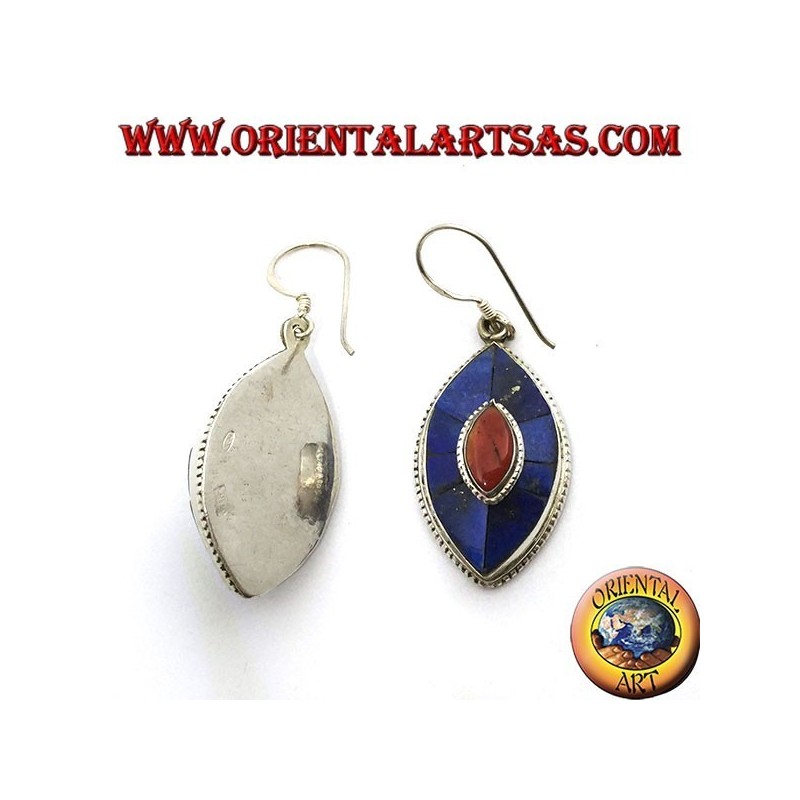Orecchini  in argento ovali con Lapis e corallo, tipico modello Nepalese