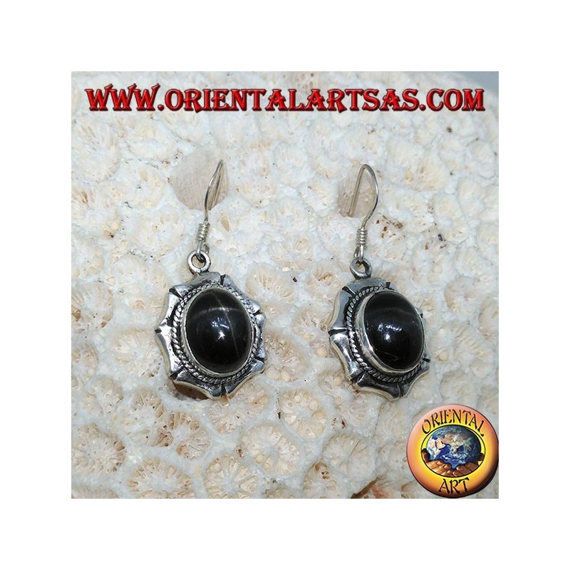 Boucles d'oreilles en argent avec étoile noire ovale Diopside étoilé, fait main