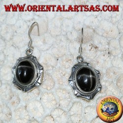 Silver earrings with oval black star Diopside starry, handmade
