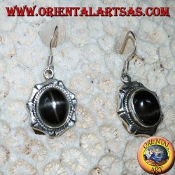 Silver earrings with oval black star Diopside starry, handmade